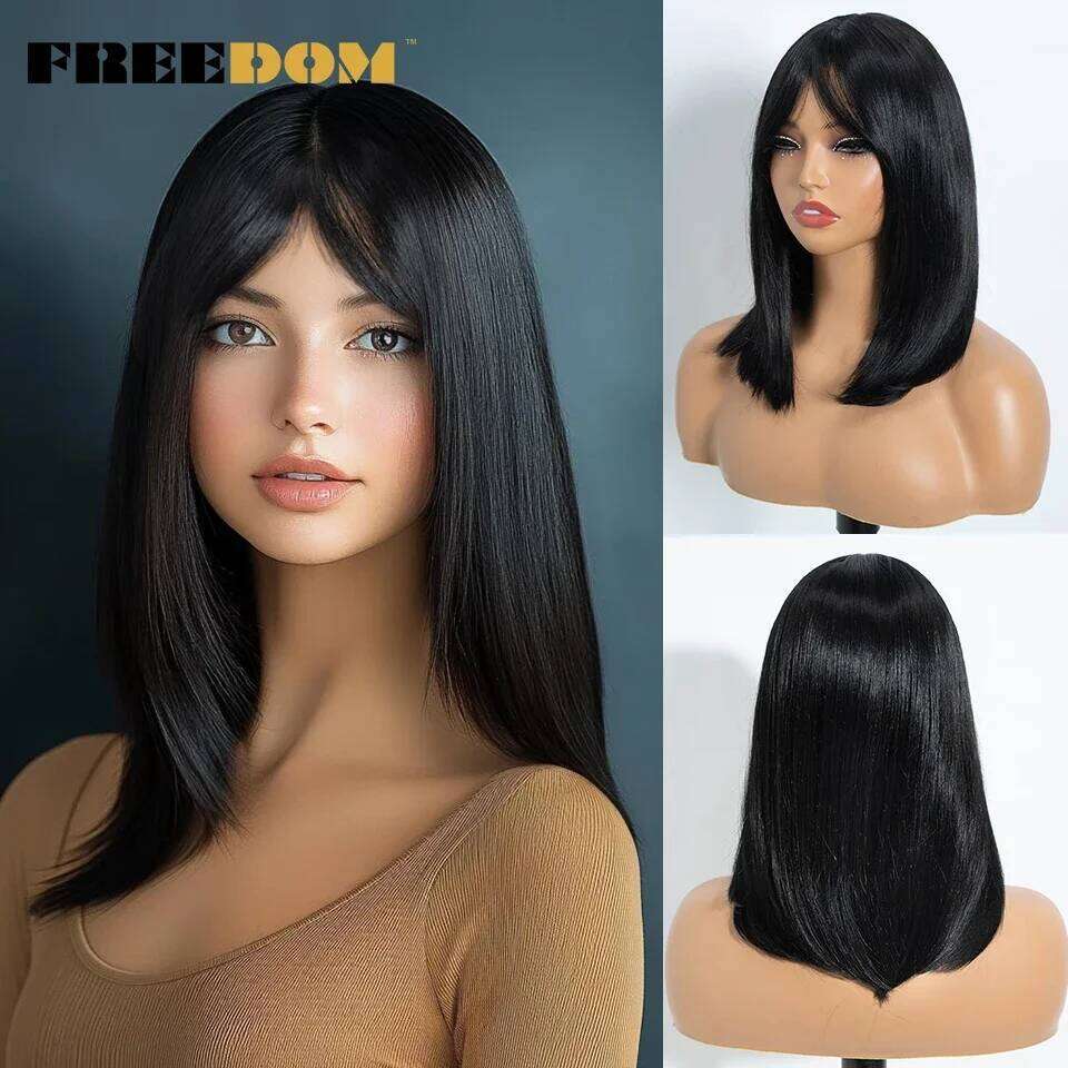 FREEDOM Synthetic Straight Bob with Bangs 16 Inch Ombre Brown Blonde Wigs for Women Heat Resistant Wig Cosplay Lolita Hair