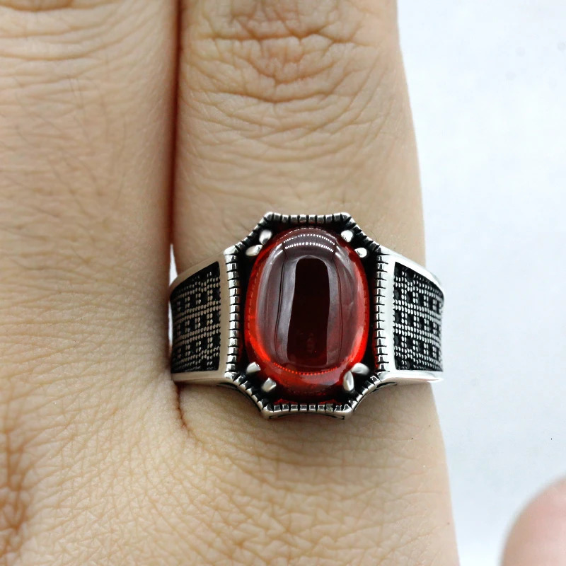 S925 Sterling Silver Mens Ring Grade A Red Zircon Handmade Jewelry Party Gift Fashion Retro Gift Turkiye 250716