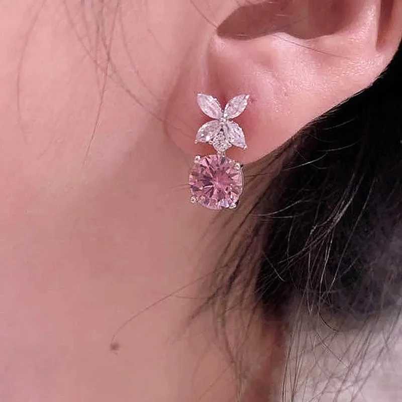 8 Exquisite Flower Dangle Earrings Pink Cubic Zirconia for Women Silver Color Temperament Sweet Accessories Fashion Jewelry Y250704