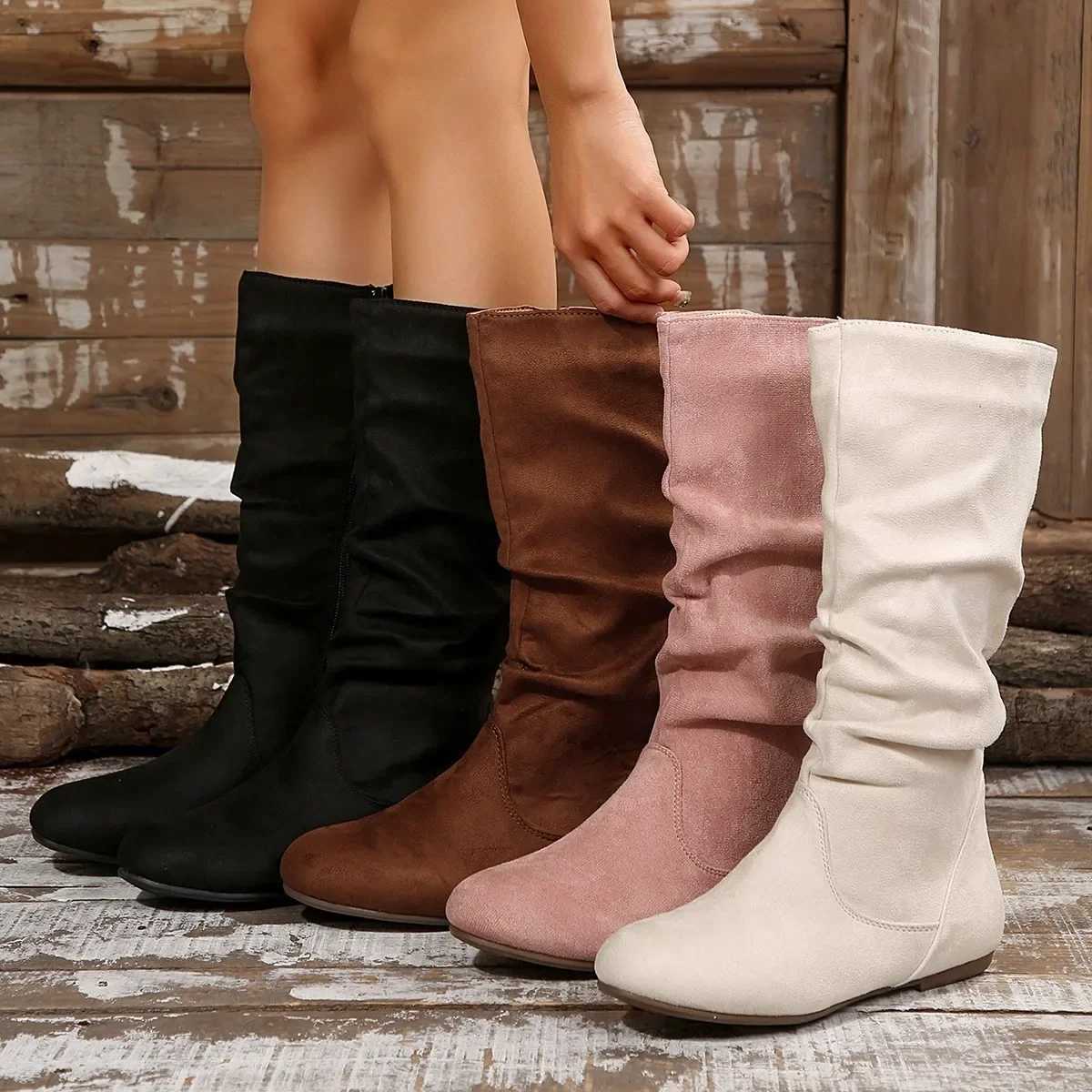 2024 New Shoes for Women Spring Knee High Boots Black White Tall Boots Woman Pleated Low Heel Casual Leather Female Long Shoes Z250704