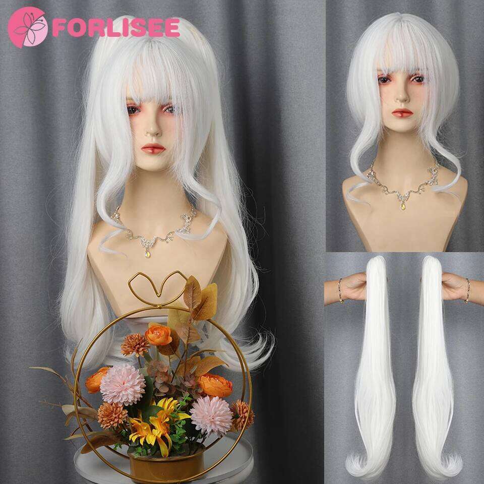 FORLI White Twin Ponytail Princess Cut Natural Short Synthetic Wigs With Bangs For Women Heat Resistant Cosplay Lolita Hair