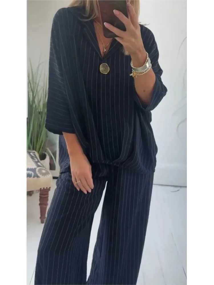Fashion Striped Print Two Piece Set Womens Suit Loose Lapel Long Slve Top And Pants Sets Ladies Spring Autumn New Outfit X250704