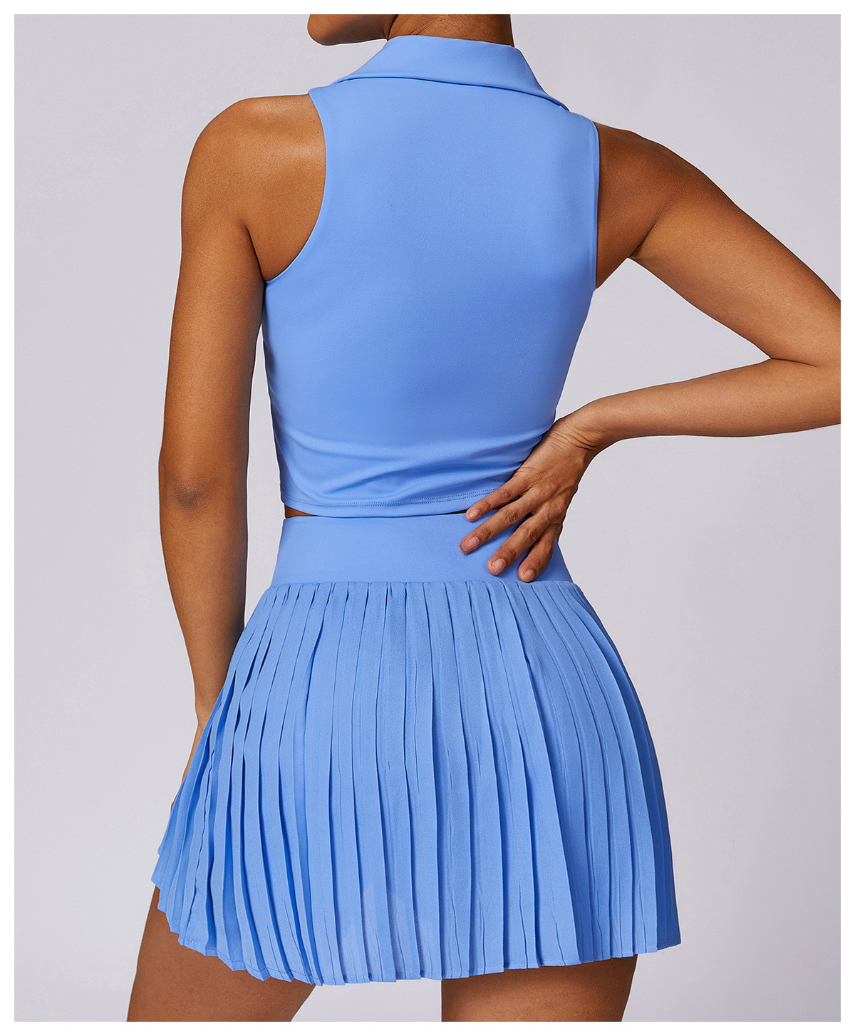 LM8600 Womens 2PCS Yoga Outfit Yoga Sets Skirts Vest Tennis Pleated Polo Sleeveless Sport Running Skirt Suit High Waist Sportwear Lined Turn-Down Coll