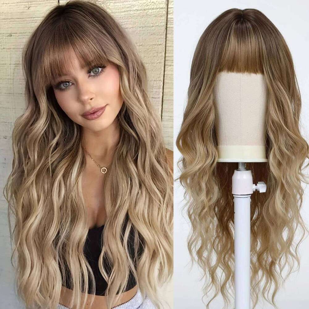 Ombre Synthetic Long Wavy Wig with Fluffy Bangs Women Natural Hair Brown Blonde Highlight Wigs for Daily Cosplay Use