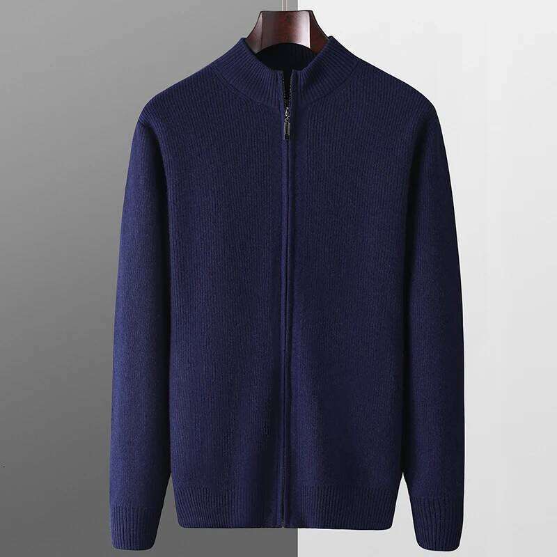 Autumn And Winter 100% Wool Zipper Cardigan Men's Half High Neck Thick Sweater Solid Color Casual Loose Cashmere Knitted Jackets 250704