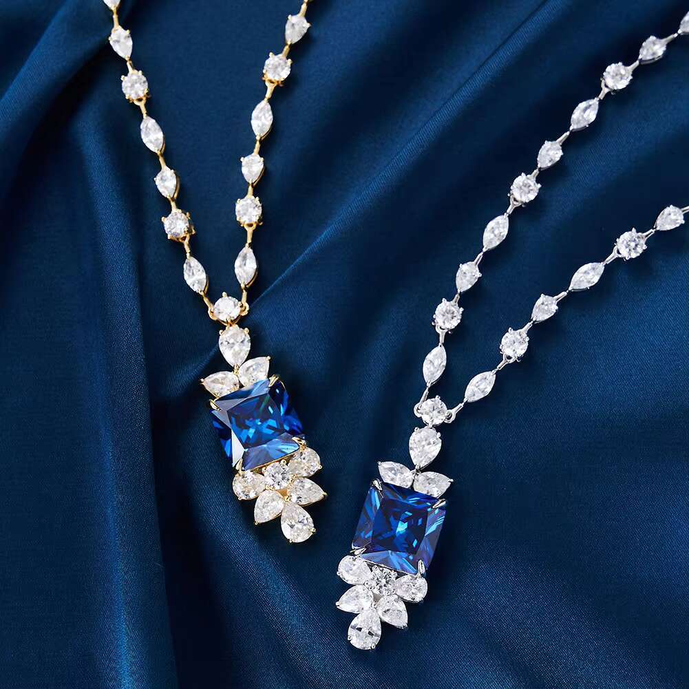 925 Sterling Silver Moissanite Necklace with White Blue Shiny Cubic Zircon Stone Luxury Wedding Pendant for Women Brides