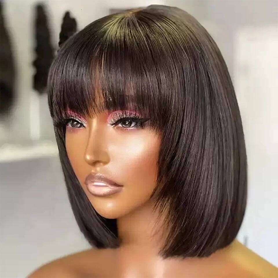 Cheap Double Drawn Virgin Bob Wig With Bang Glueless Full hine Made Real Vieamese Bone Straight Human Hair Wigs Fringe