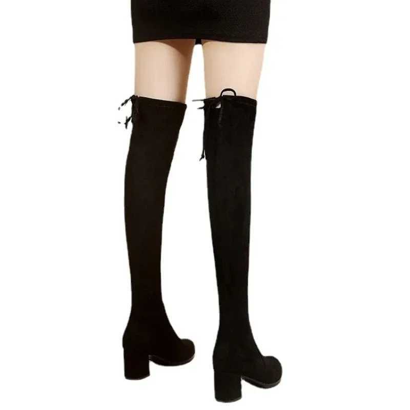 Faux Suede Female Heels Autumn Zipper Elastic Knee-high Boots for Women Tube Lace-up Thigh Gigh Boots Black Botas Mujer Z250704