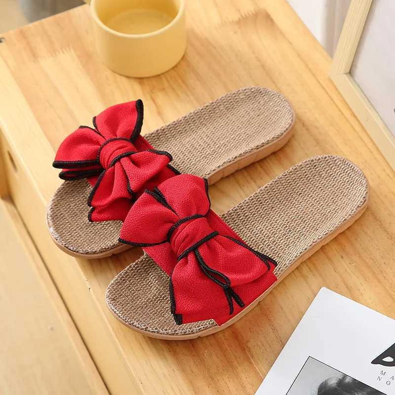 Women Summer Casual Slides Comfortable Flax Slippers Striped Bow Linen Flip Flops Platform Sandals Ladies Indoor Shoes W250704
