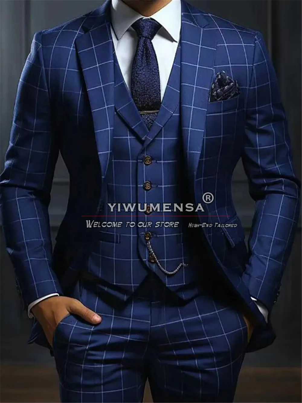 Vintage Business Suits Men Navy Striped Plaid Checked Jacket Vest Pants 3 Pieces Prom Blazer Custom Made Groom Wedding Tuxedos X250704
