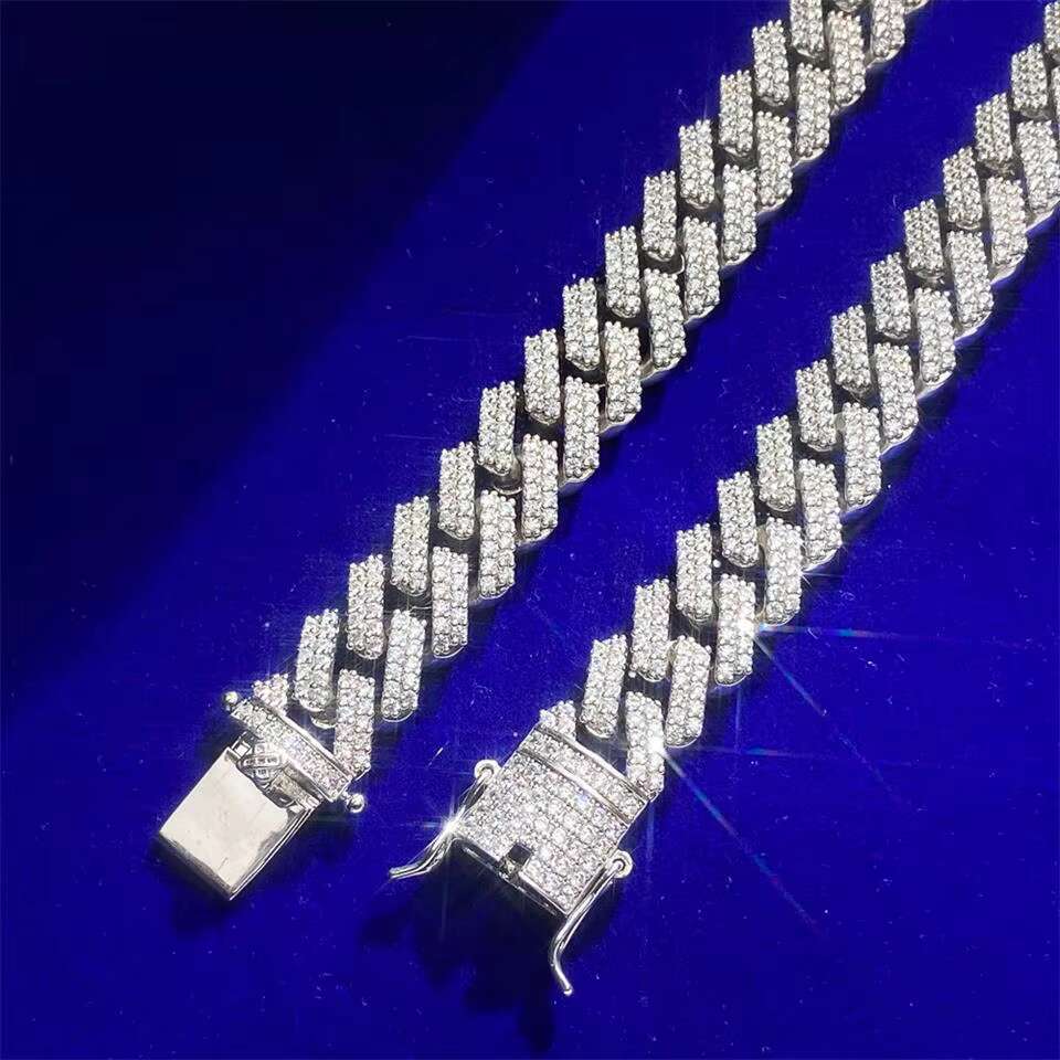 Round Moissanite White Gold Plated Sparkling Diamond Stone Set Hip Hop Jewelry Necklace Plating Ladder Square Cuban Link Chain