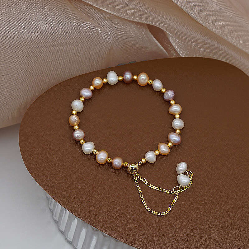 DHCollections Natural Freshwater Jade for Women Fashion Simple Elegant Pull-String Pink Pearl Bracelet Jewelry