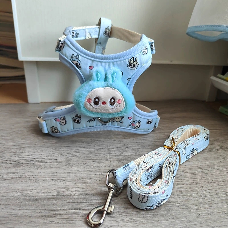 Labubu Dog Harness and Leash set, Step-in Soft Mesh Puppy Cats Harnesses Vest with Cute Doll Decorations, Breathable Designer Harness for Pomeranian, 