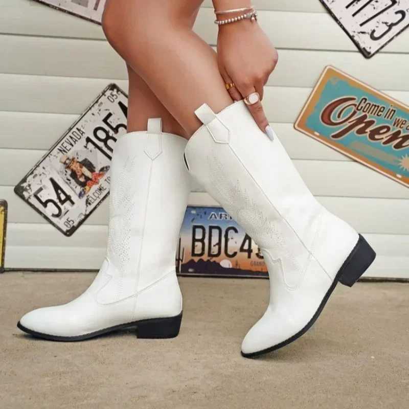 Women Fashion Slip on Knight Boots Ladies Autumn Winter Thick Sole Knight Boots Pointed Toe Square Heel Embroidered Cowboy Boots Z250704