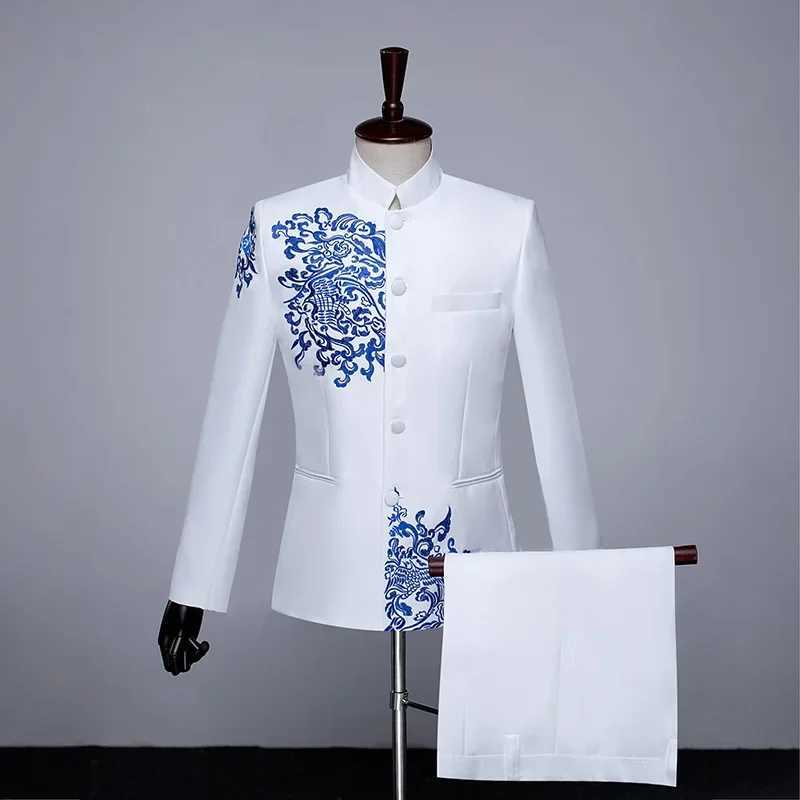 Fashion Men Standing Collar Embroidered Suit Male Business Social Wedding Prom Stage Performance Blazer and Pants X250704