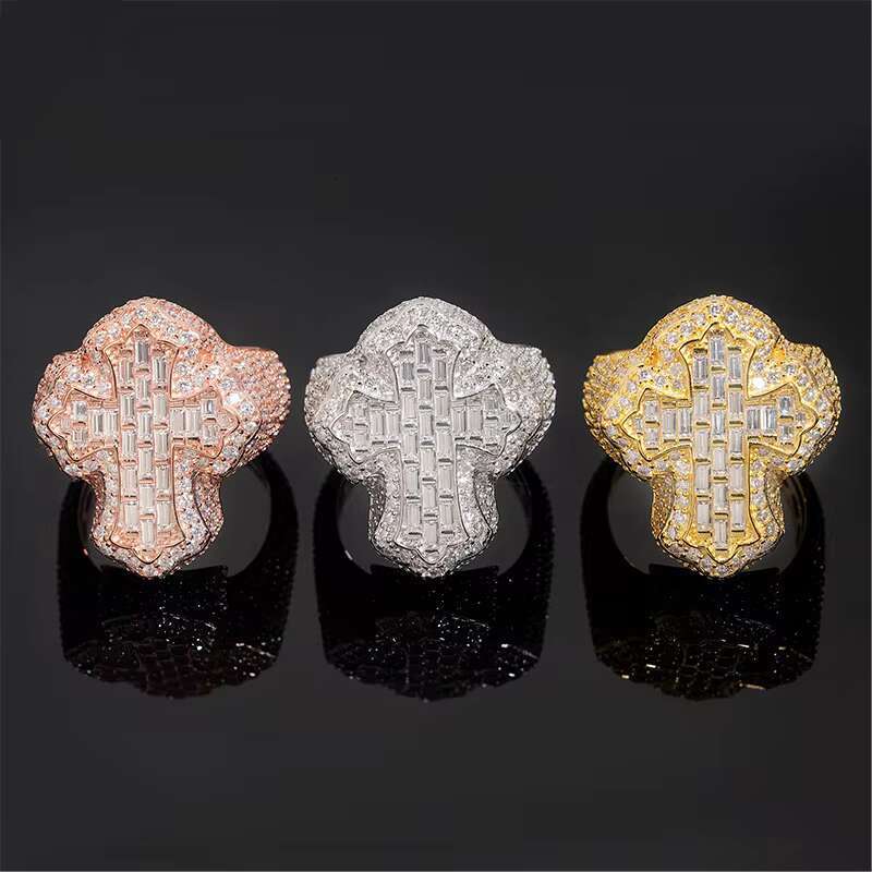 Hip Hop Iced Out Chunky Moissanite Cross Ring S925 Sterling Sliver Stunning Moissanite Ring Retro-American Men Jewelry