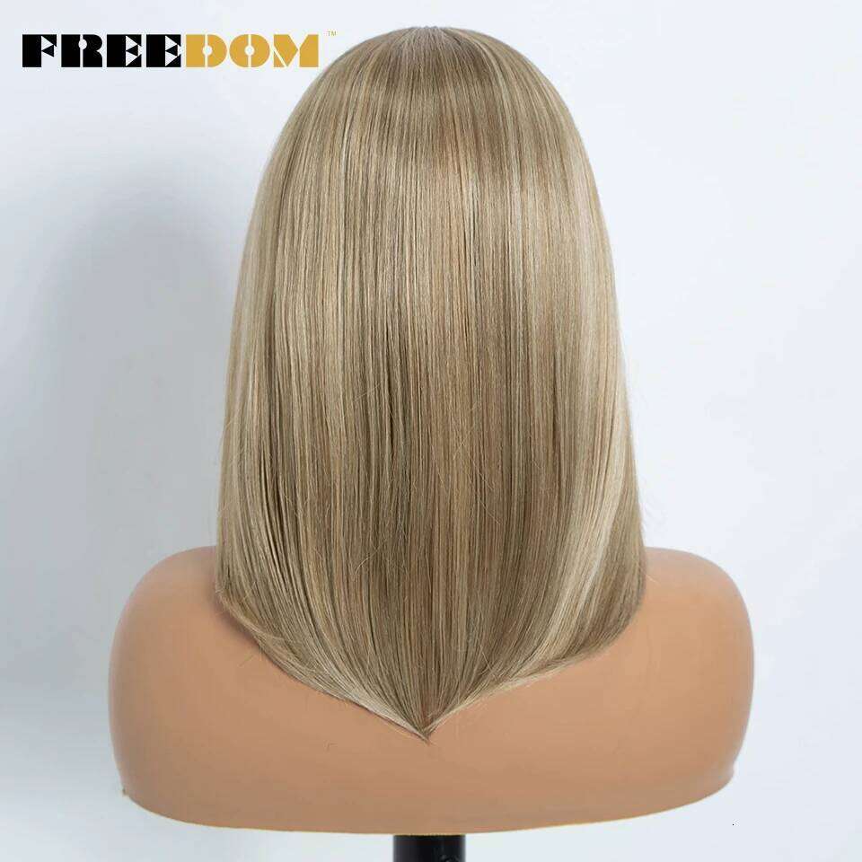 FREEDOM Synthetic Straight Bob with Bangs 16 Inch Ombre Brown Blonde Wigs for Women Heat Resistant Wig Cosplay Lolita Hair