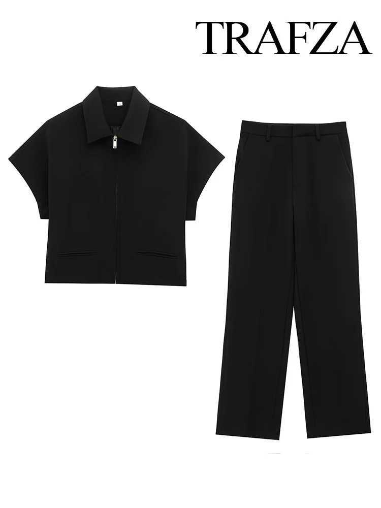 TRAFZA Women Fashion Solid Lapel Loose Zipper Loose Short Slve Top+High-Waist Zipper Side Pocket Wide-leg Casual Pants Suit X250704