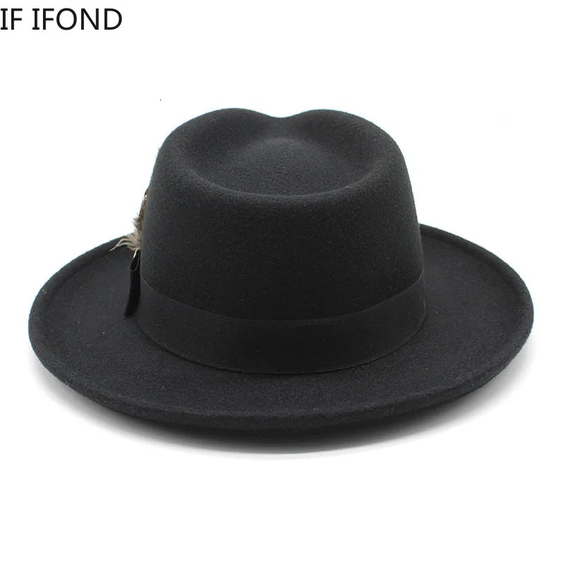Feather band Wool Felt Fedora Hat Men Curved Brim Panama Party Trilby Cowboy Cap Gentleman Wedding Jazz Hat 250701