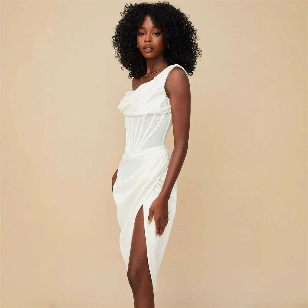 White Skirt Maxi Skirt Summer Niche Design Irregular Asymmetric Shoulder Fishbone Waist High Slit Sexy Goddess Dress Gown Long Skirt