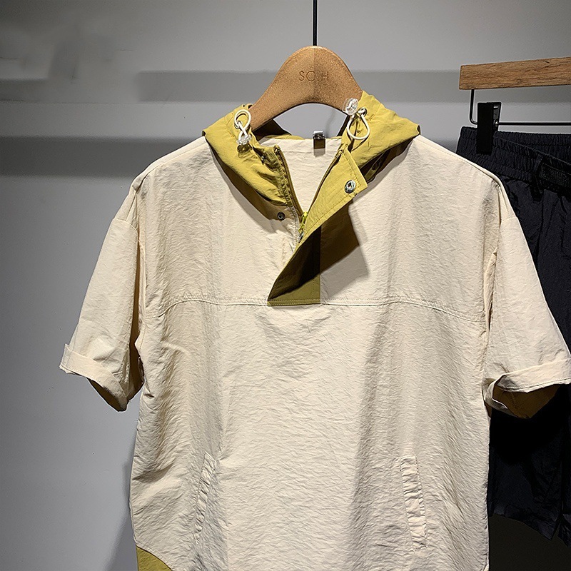 2025 Summer Korean Fashion Color Block Versatile Drawstring Cargo Hooded Top Breathable Drop Shoulder Men's Short Designer Short Sleeves Sleeve T