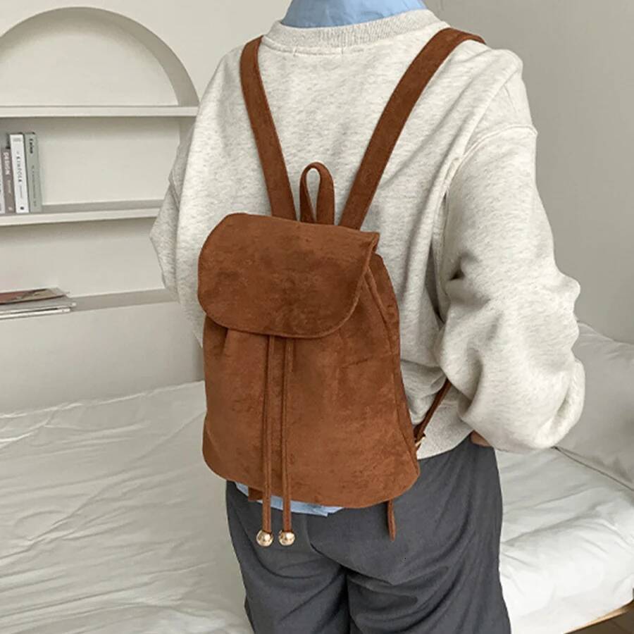 Korean vintage suede flap drawstring backpack ins new casual fashion student small bagpack soild female travel bags rucksack sac high-quality