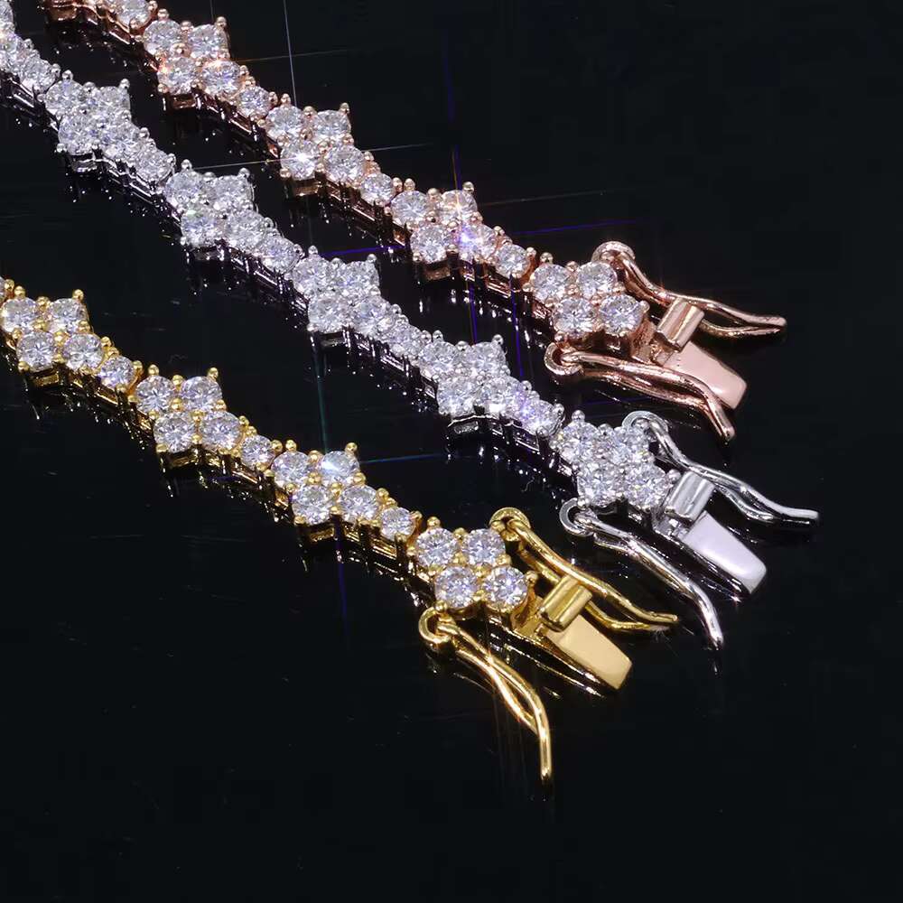 Hiphop Jewelry 925 Sterling Silver Moissanite Tennis Chain Womens Necklace Iced Out VVS Diamond Flower Shape Tennis Chain