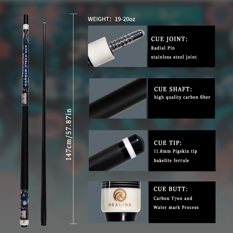 OKHEALING 1/2 Split Pool Cue Stick Carbon Fiber Billiard Cue 11.8mm Black Bakelite Tip Radial Pin / 8 Teeth Joint 1474mm/58inch Weight Adjust 19-20oz 