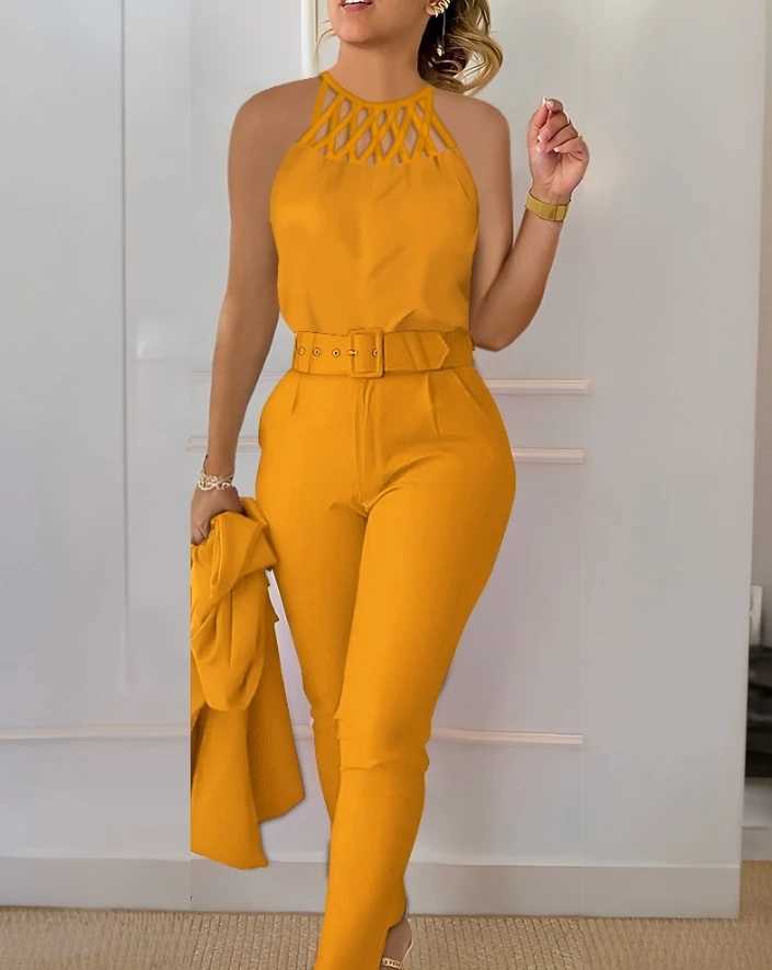 Two Piece Set Women Outfit 2024 Summer Fashion Hollow Out Round Neck Slveless Tank Top Casual Pocket Daily Pants Set X250704