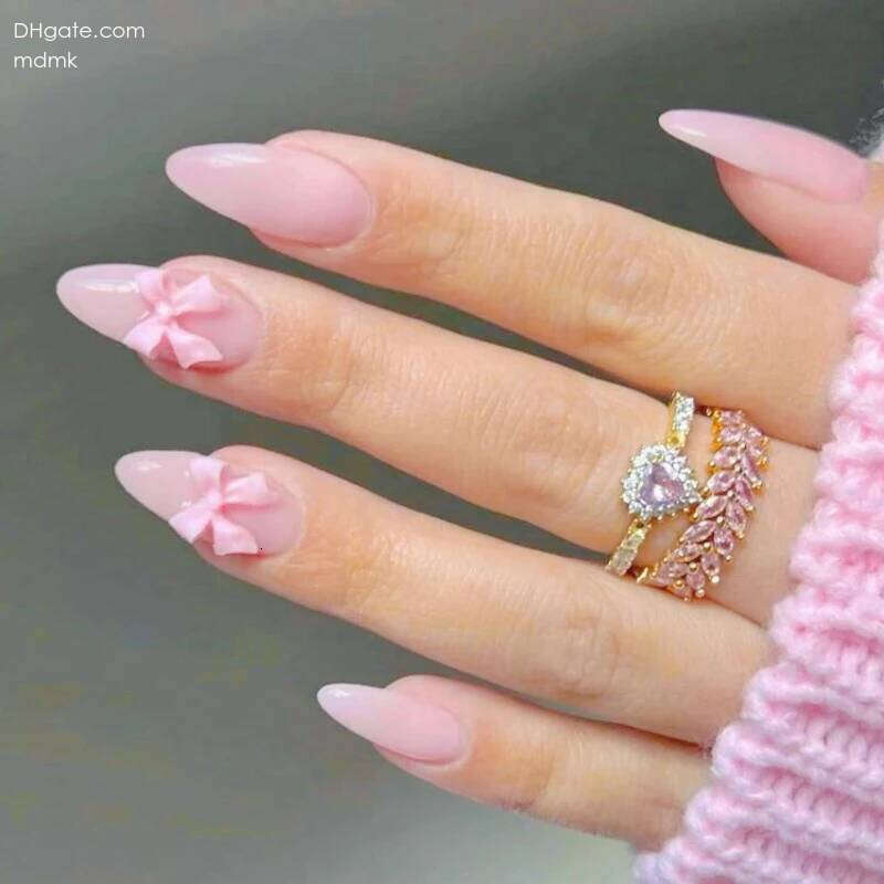 24Pcs Medium Al Press-On Pink Nails Glossy Elegant Full Cover Nail Tips with Bow Design for Daily Simple Beauty Finger Wear X250704