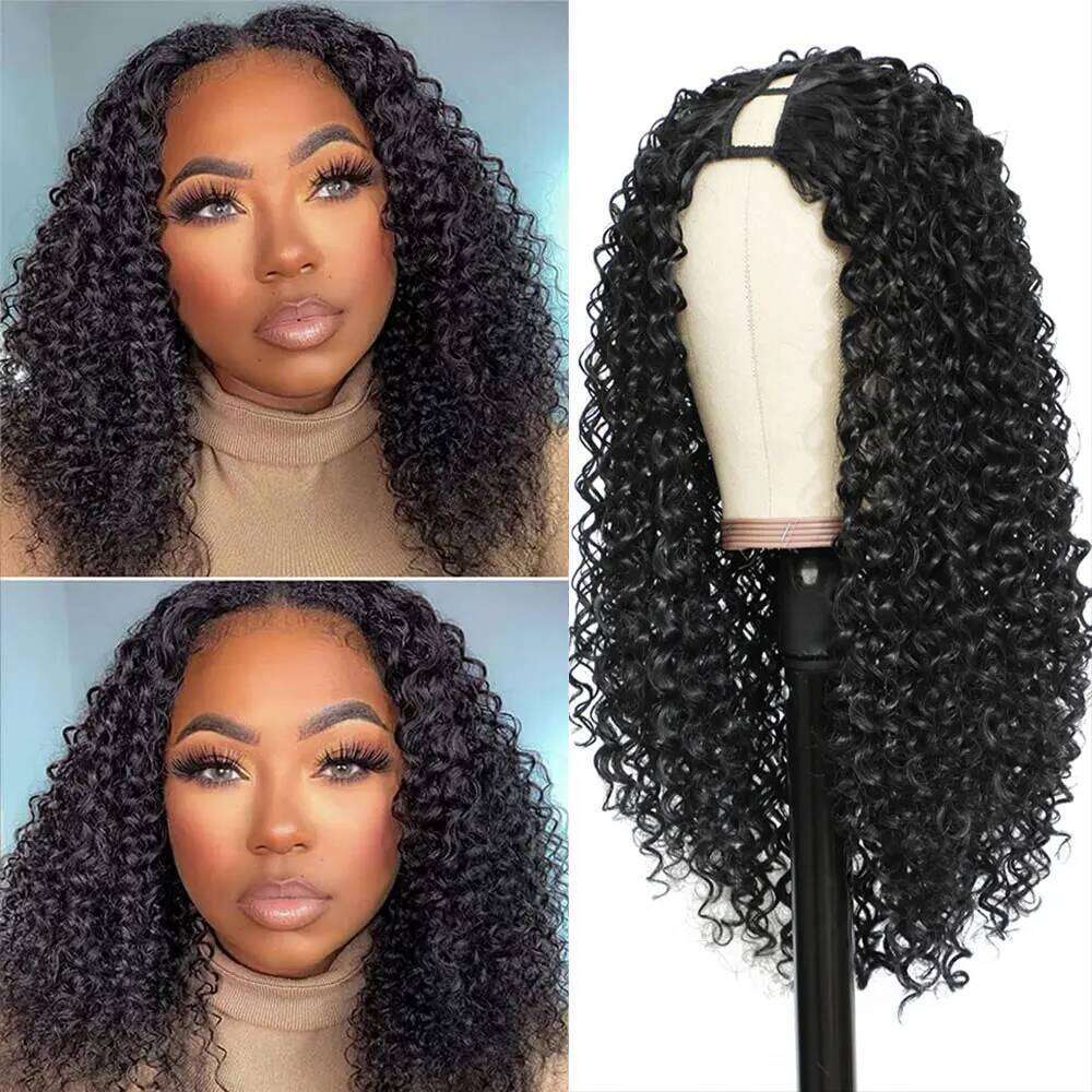 V Part Kinky Synthetic Hair Long Curly Afro Wigs For Black Women Deep Wave Water wave Full hine Made Wig