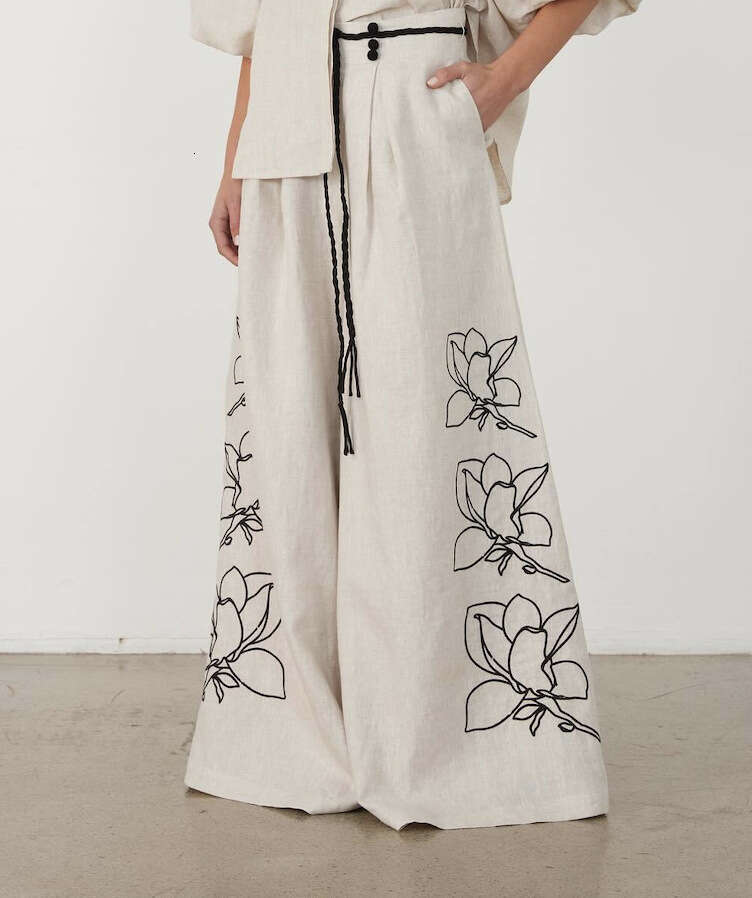 Fashion cotton linen printed wide leg pants set for Europe America spring summer 2025, with versatile temperament and trendy clothing in ins