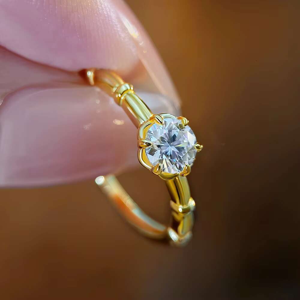 FOXI 18k Gold Vermeil Engagement Ring 0.5Ct Moissanite Diamond Bamboo Solitaire Ring 925 Sterling Silver Moissanite Wedding Ring