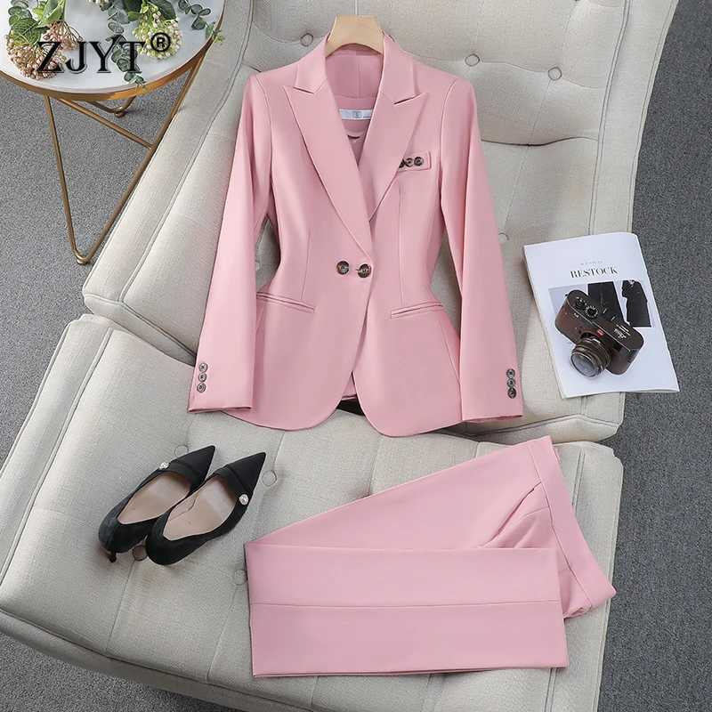 ZJYT Elegant Womens Suit Notched Blazer Trousers Set 2 Pieces Spring Long Slve Jacket Pants Sets Office Lady Work Outfit X250704
