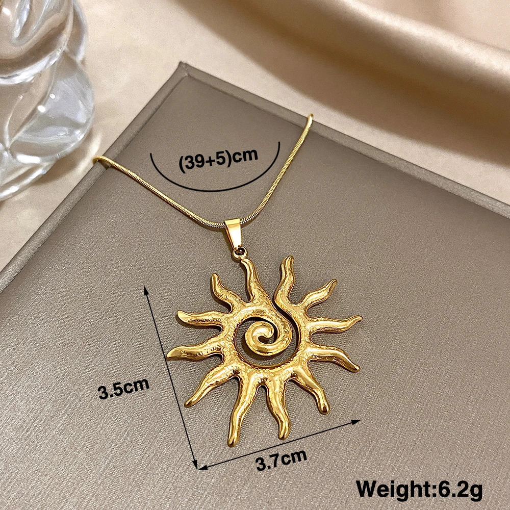 Flashbuy Vintage Chic Sun Shaped Pendant Stainless Steel Necklace Statement Golden Fashion Jewlery Gift 250701