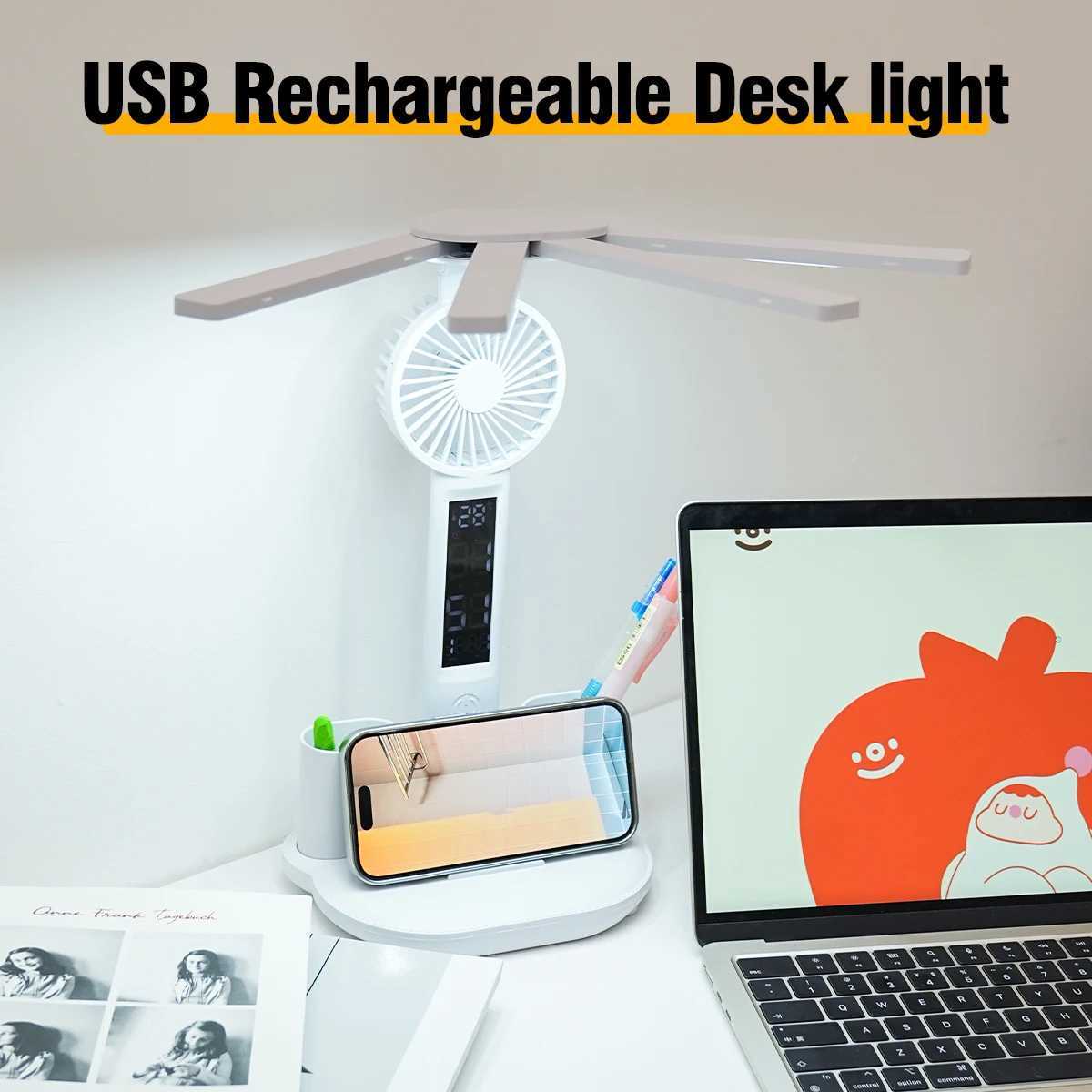 3In1 Multifunctional Desk Lamp LED Desk Lamp Four-Head Folding With Fan Calendar Clock USB Rechargeable Reading Office Desk Lamp XJ250703