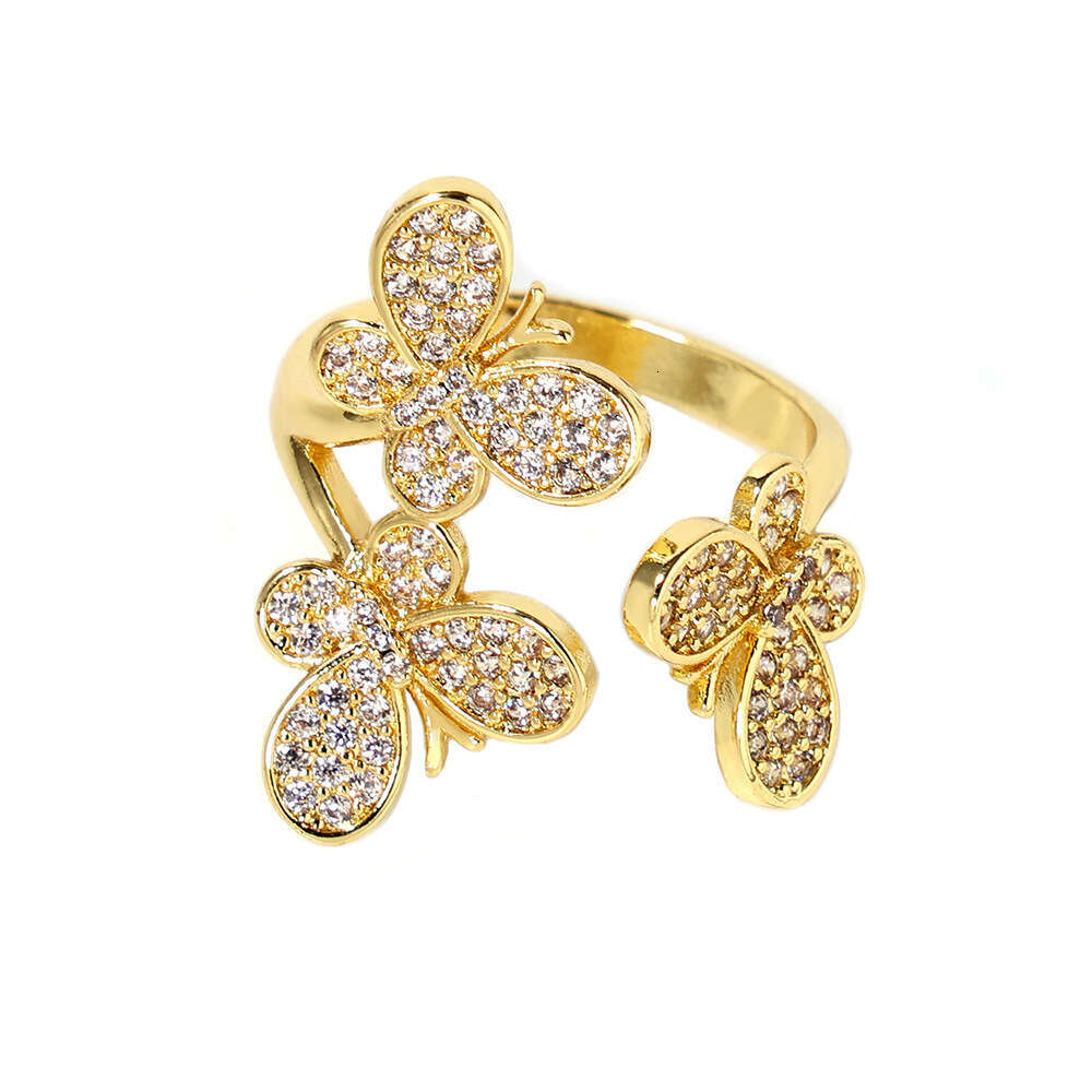 DHcollections 18K Gold Plated Butterfly Ring - Open Adjustable CZ Flower Ring for Women | Dainty Bohemian Stackable Jewelry (Size 7)