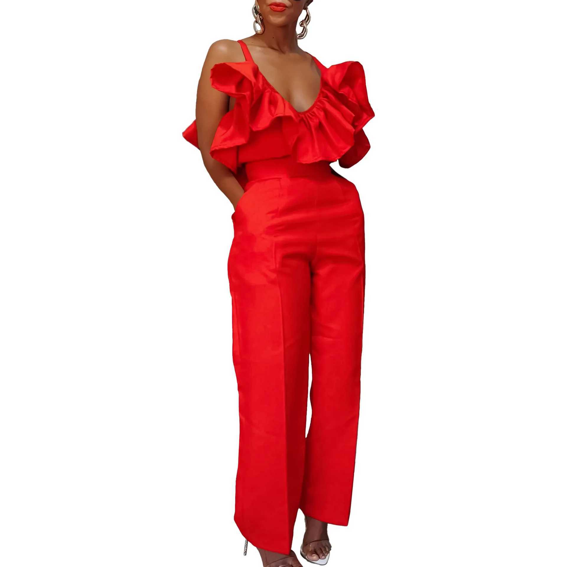 Women Two Pieces Set V Neck Strap Crop Tops Ruffles High Waist Pants Sexy Female Suit Summer Fashion Party New 2025 X250704
