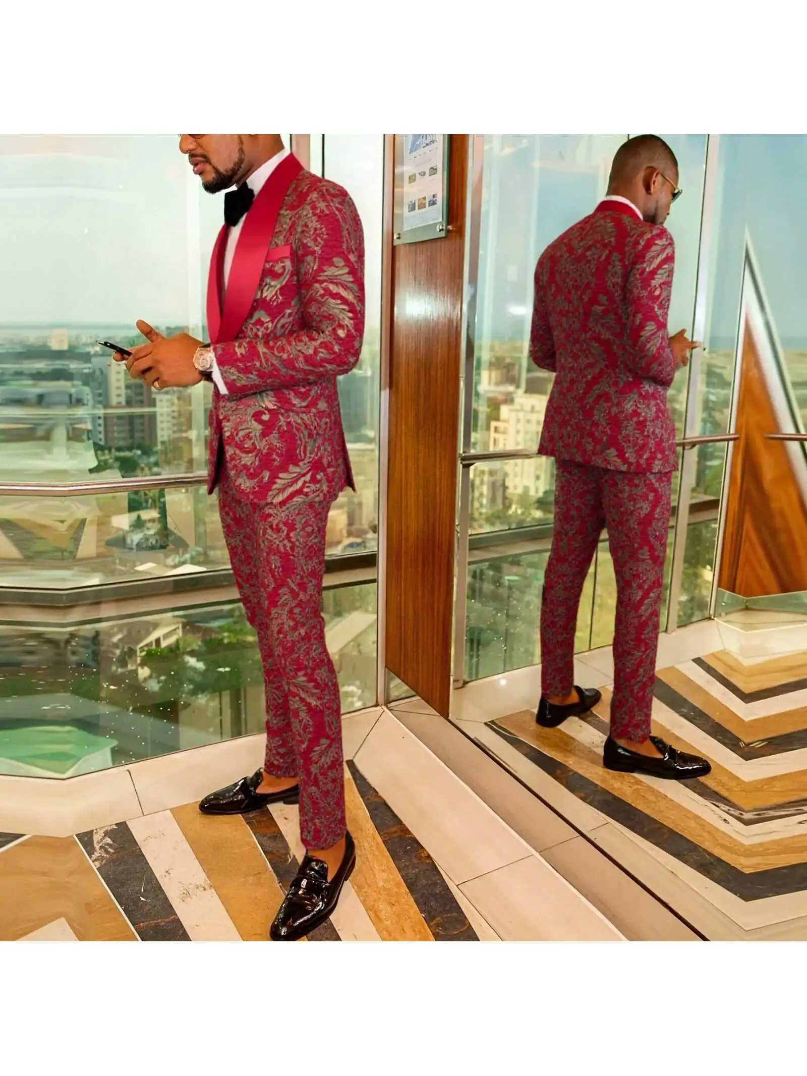 Mens Suit Jacquard Slim Fit 2-Piece Shawl Lapel Tuxedo Wedding Party Prom Suit Set X250704