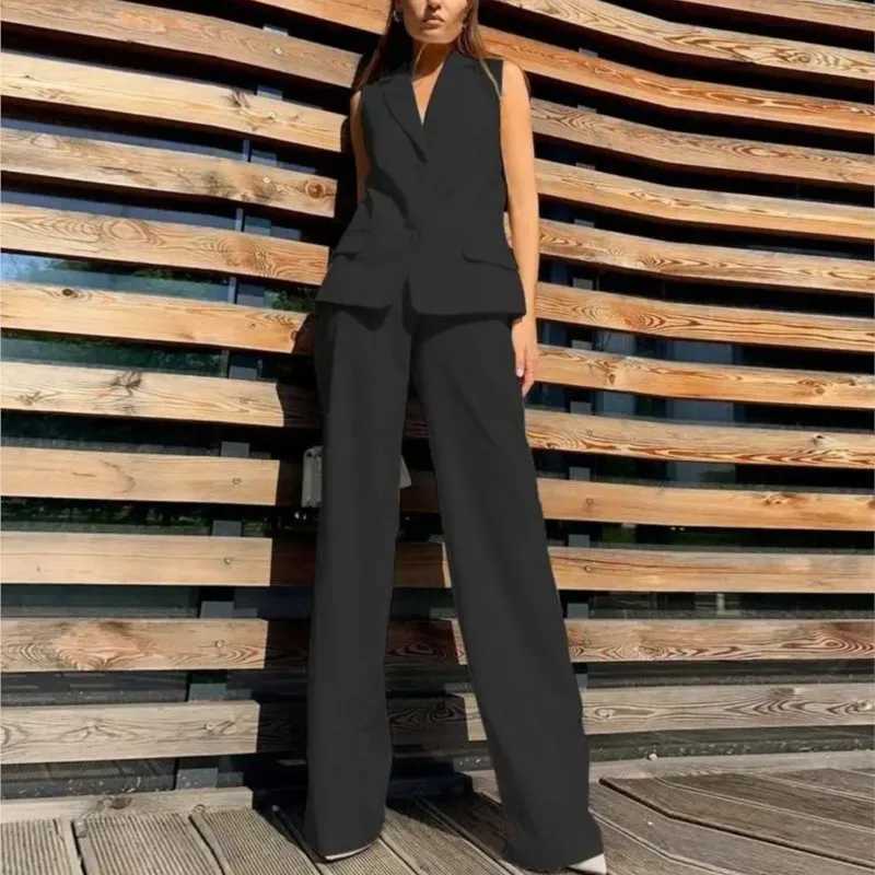 Womens Fashion Suit Two Piece Set Summer Notched Button Vest + Wide Leg Pants Set Elegant Office Business Casual Outfits X250704