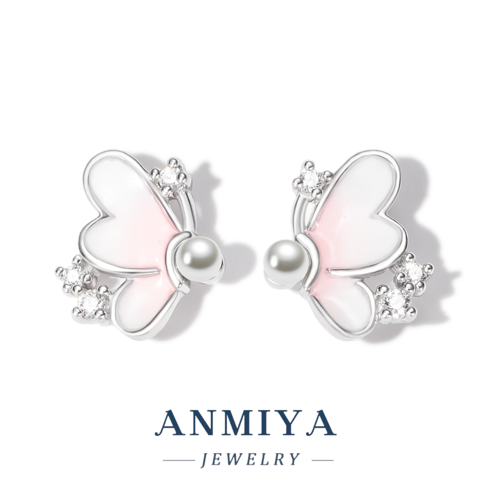 Enamel Butterfly Wing Silver Jewelry for Women 925 Sterling Stud Earring with Pearl Accents for Daily Accessories