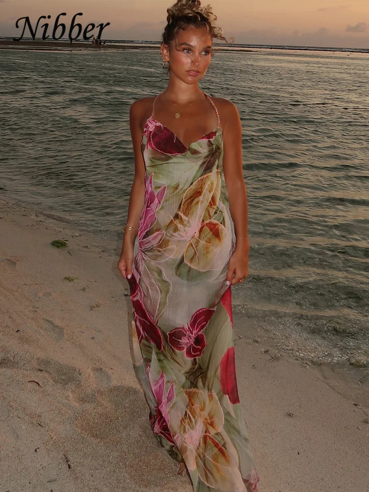 Nibber Bead Chain Halter Dress Y2K Floral Print Elegant Sexy Swing Collar Backless Birthday Midnight Party Split Maxi Bodycon 250704