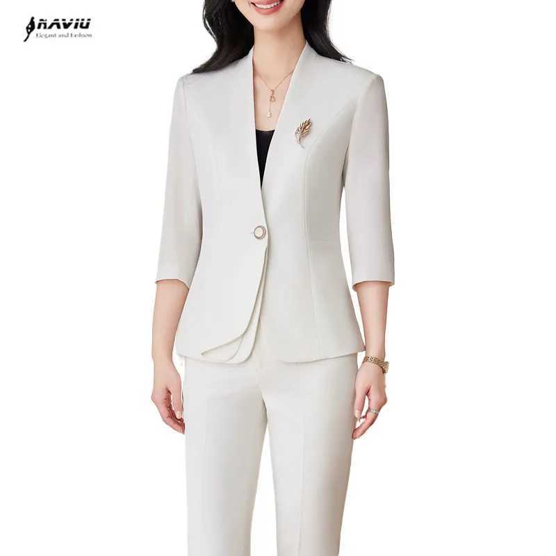NAVIU Half Slve Elegant Women Business Suits Spring Summer Formal Uniform Design Pants Suits Professional Blazer Trousers Sets X250704