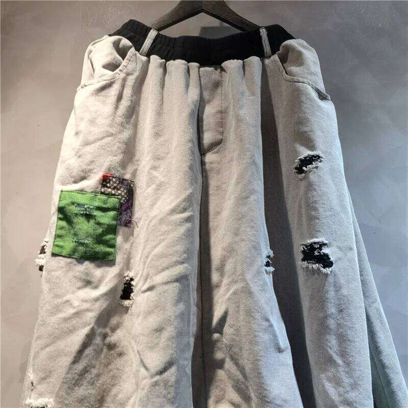 Trendy Vintage Women Contrast Color Patchwork Hole Short Sleeve T-shirt Elastic Waist Pants Female Summer