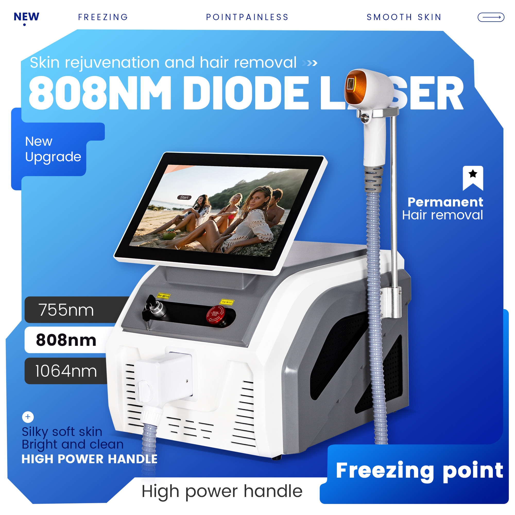 808nm Diode Laser Hair Removal System for Effective Permanent Hair Removal on Face and Body with Advanced Cooling and Pain-Free Sessions