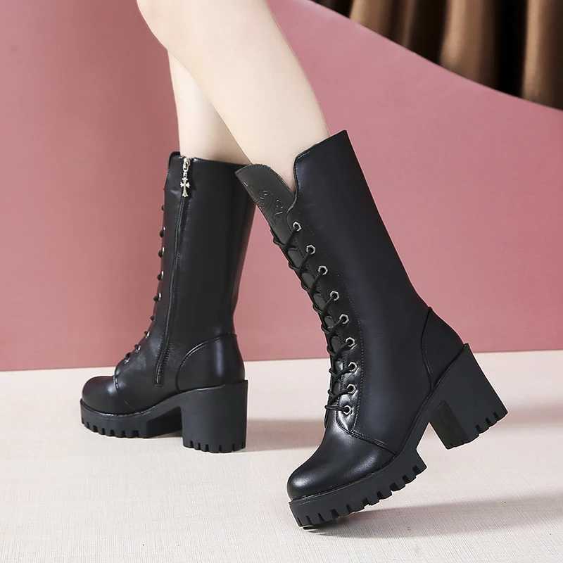 Winter New Thick-soled Increase Non-slip Lace-up Mid-calf Boots Round Head Square Heels with Fleece Warm Fashion Riding Boots Z250704