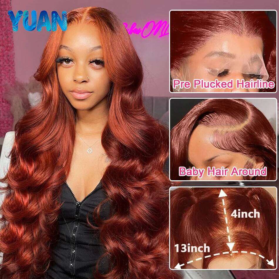 30 38 Inch Brazilian Reddish Brown 13x4 13x6 HD Front Wigs Human Hair Body Wave 200% Colored Lace Frontal Wig For Women