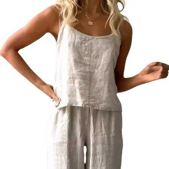 Cotton Linen Womens Suit Slip Vest Wide-leg Pants Suits Female Fashion Casual 2 Piece Sets Home Casual Clothes Ladies Sets 2025 X250704