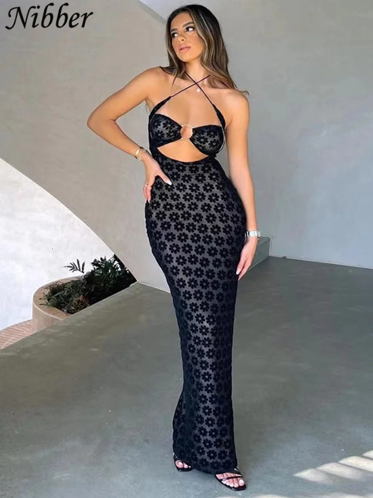 Nibber Solid Color Hanging Neck Maxi Dress Sexy Hollow Women Perspective Bag Hips Robe Female Street Trendy Dresses Clothing 250704