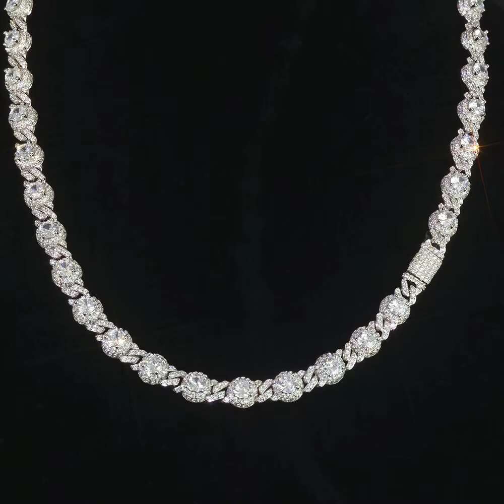 NUOYA 7.5mm Iced Out Diamond Station Chain Necklace Hip Hop Jewelry Silver Gold Plated Unisex Gift for Men Women Party